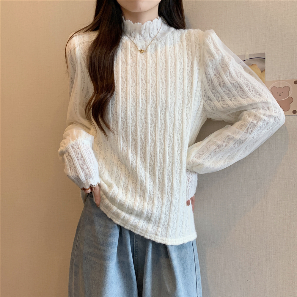 實拍 法式氣質半高領加絨加厚蕾絲針織衫女百搭打底衫長袖上衣