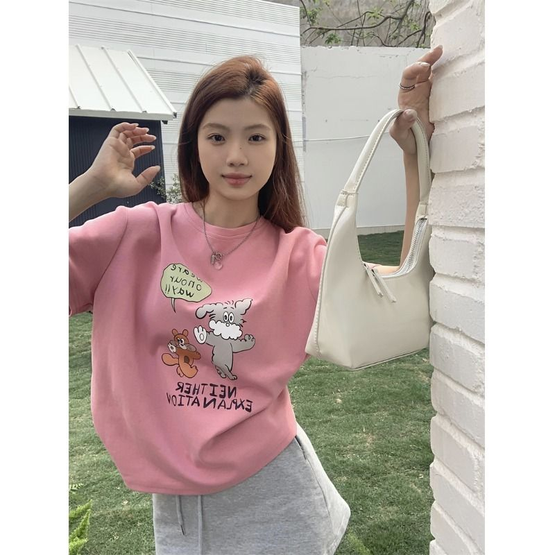 粉色短袖T恤女夏季小眾卡通印花上衣