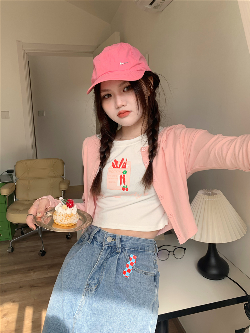 Real shot of sweet and spicy short T-shirt + cardigan two-piece set