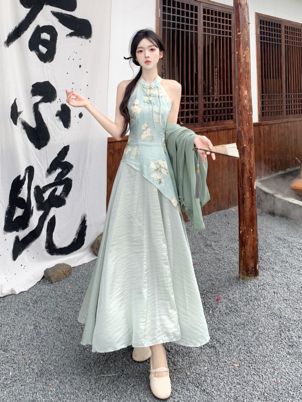 實拍~  新中式溫婉絲麻印花無袖掛脖氣質顯瘦旗袍連衣裙