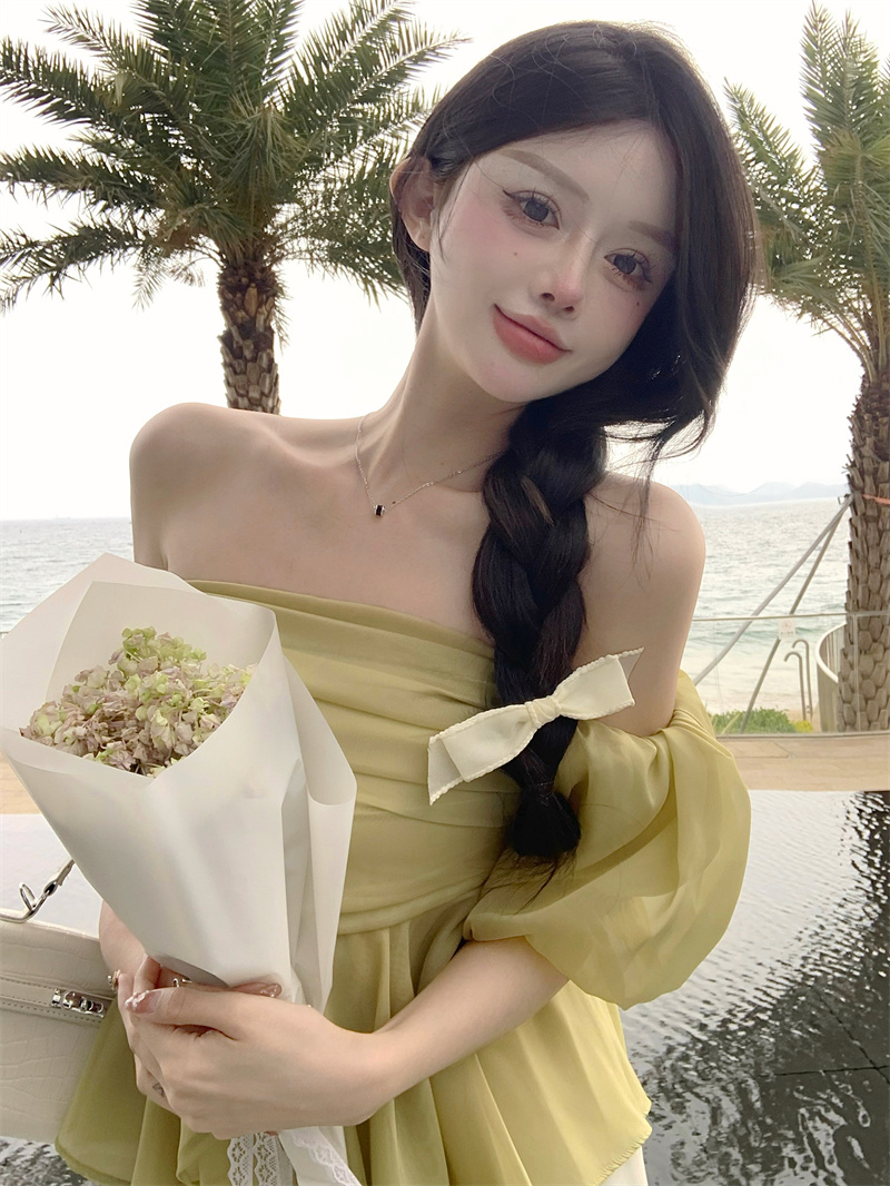 實拍   法式復古芥末綠色襯衫純欲風一字肩泡泡袖上衣T恤