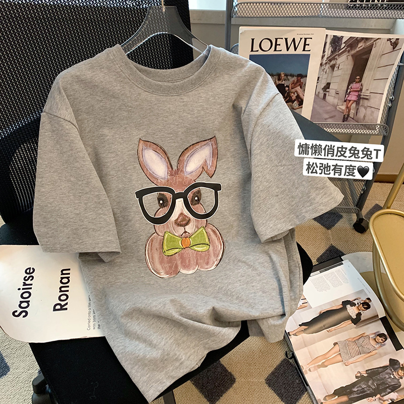 美術生風格灰色兔子印花短袖T恤女2024新款炸街減齡時尚上衣