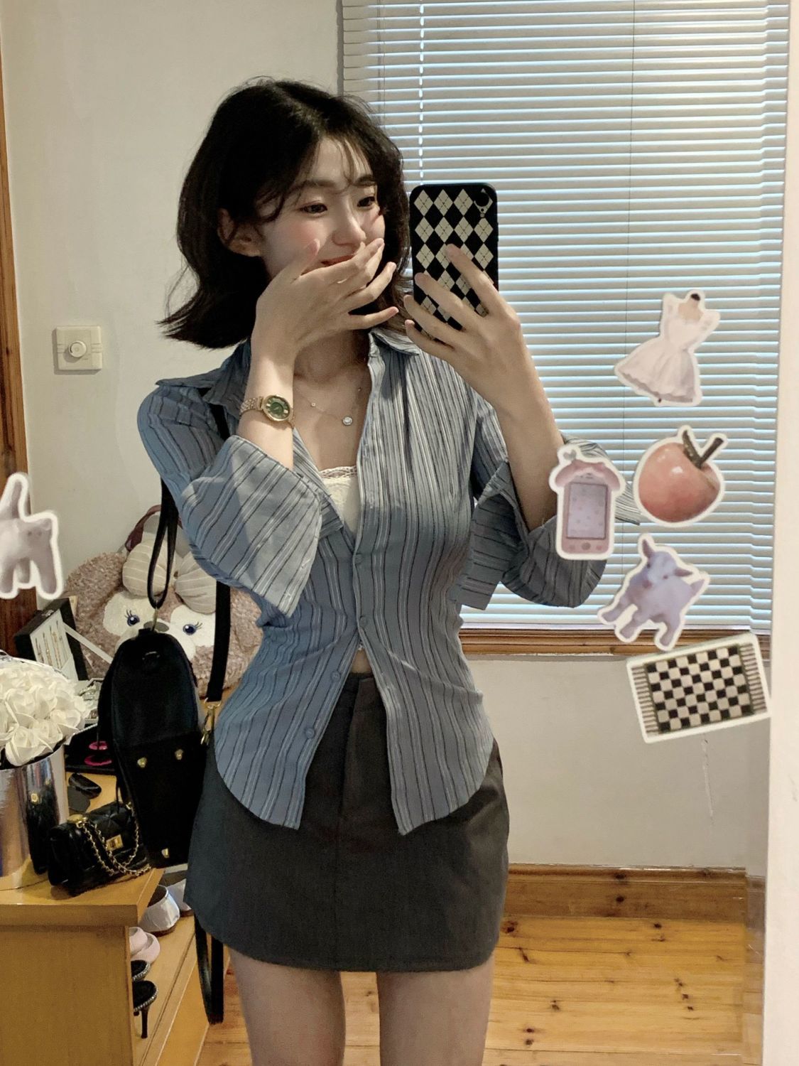 美式復古刺繡長袖條紋襯衫女夏辣妹純欲收腰顯瘦打底衫上衣簡約