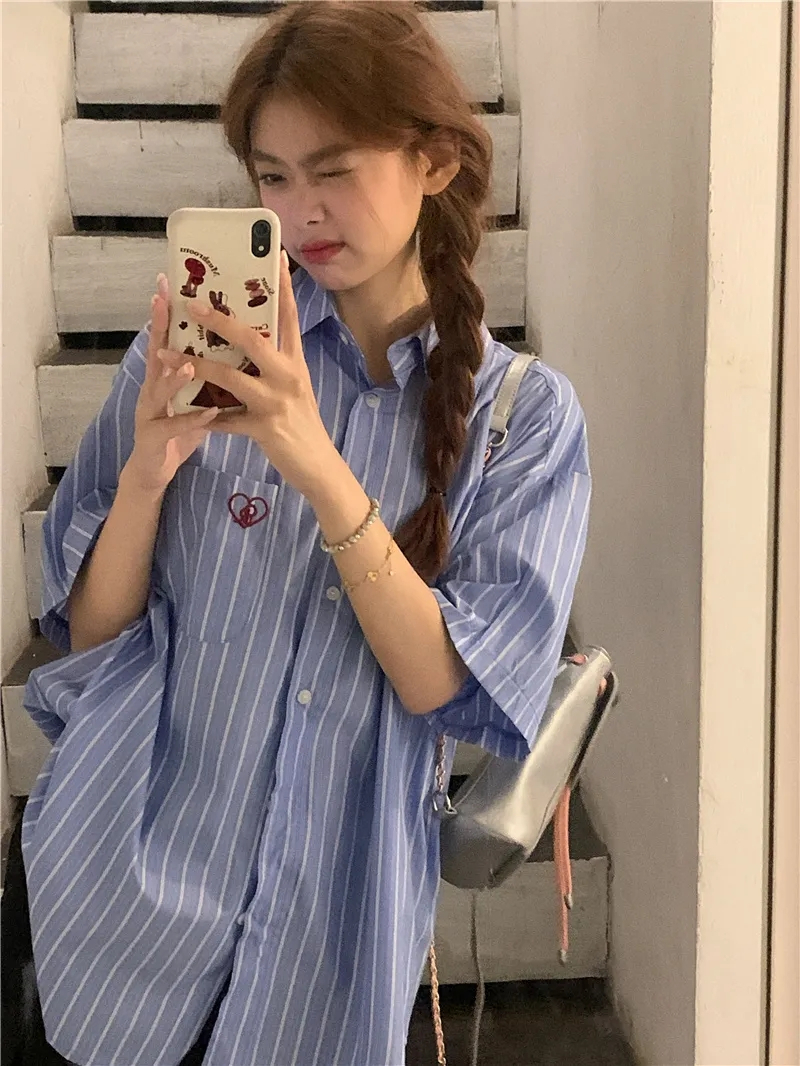 2024 summer blue vertical stripe love embroidered short-sleeved shirt for women Korean style loose slimming top