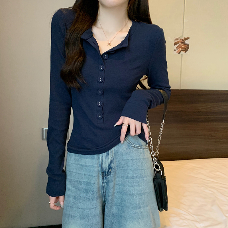Real shot Spring and Autumn 1*1 threaded fleece-breasted solid color round neck thin bottoming shirt top long-sleeved T-shirt for women
