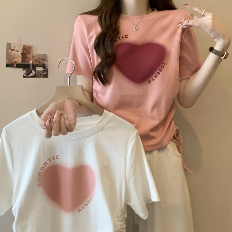 實拍 40支純棉2024夏裝愛心印花抽繩短袖T恤女設計感短款褶皺上衣