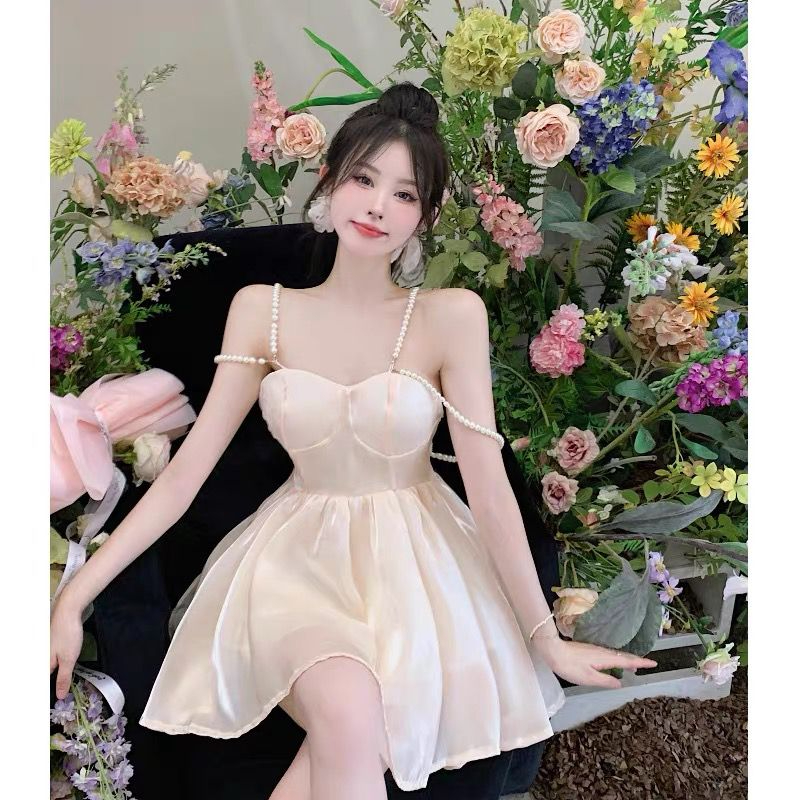 甜辣妹海邊度假吊帶連衣裙仙女夏季性感歐根紗露背沙灘蓬蓬短裙子