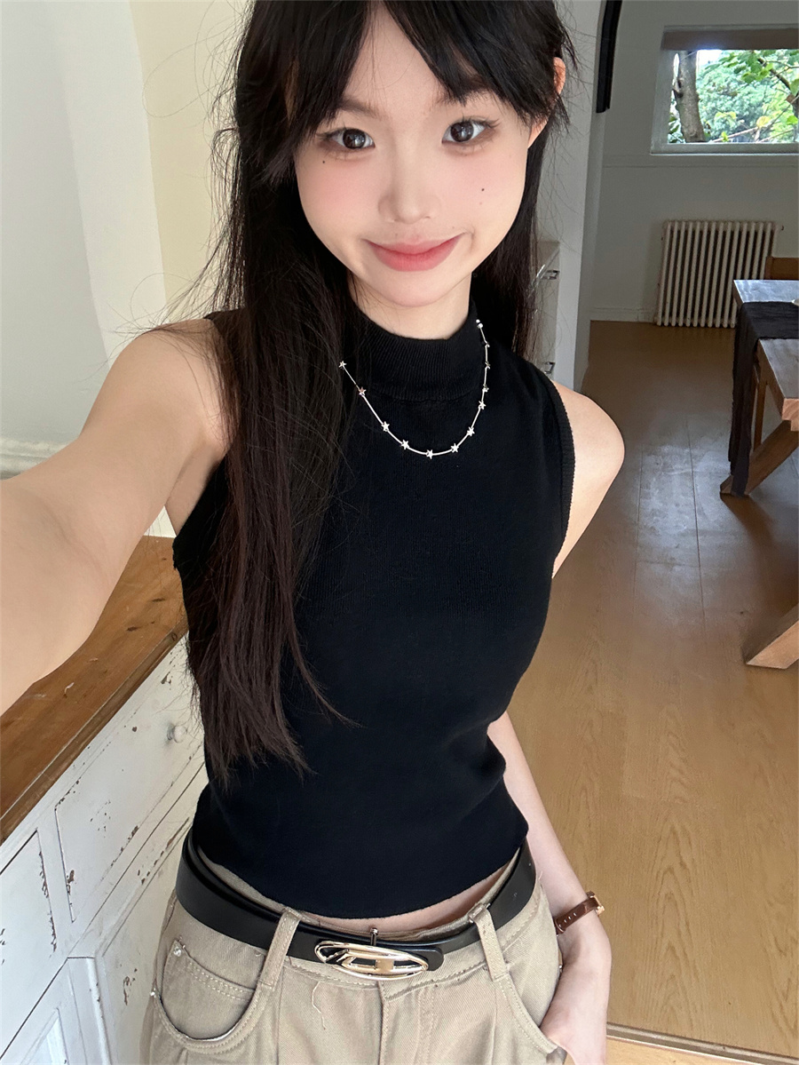 實拍辣妹高領針織吊帶背心女春無袖工字彈力修身顯瘦上衣