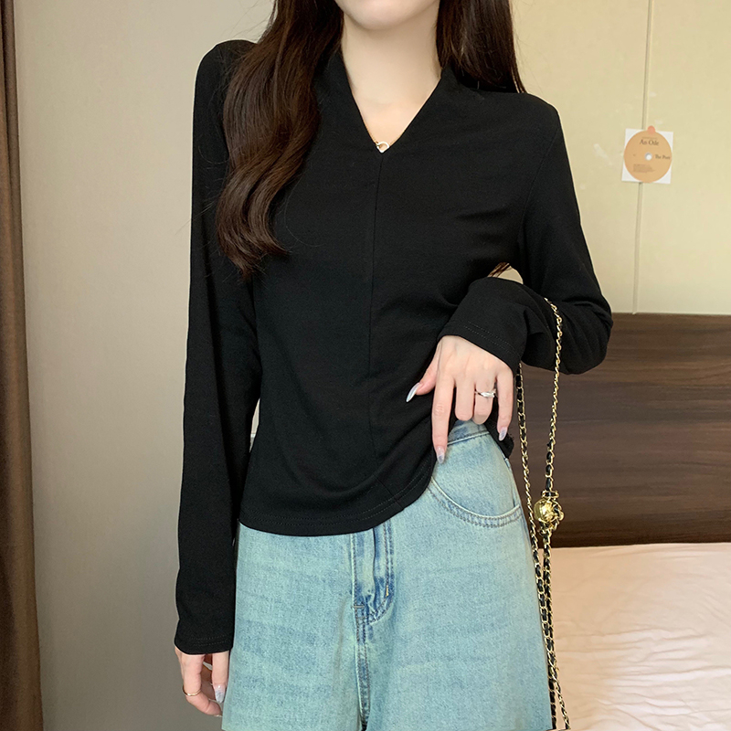 Real shot 2024 spring Korean style loose 200g rayon V-neck solid color outer wear inner bottoming shirt long-sleeved T-shirt for women