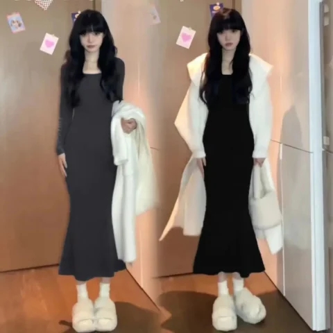 長款魚尾裙秋冬季修身顯瘦打底連衣裙女內搭方領包臀裙