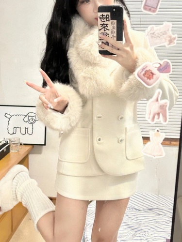 White Lover Spring New Style College Style Short Fur Collar Suit Putty Jacket Skirt Suit