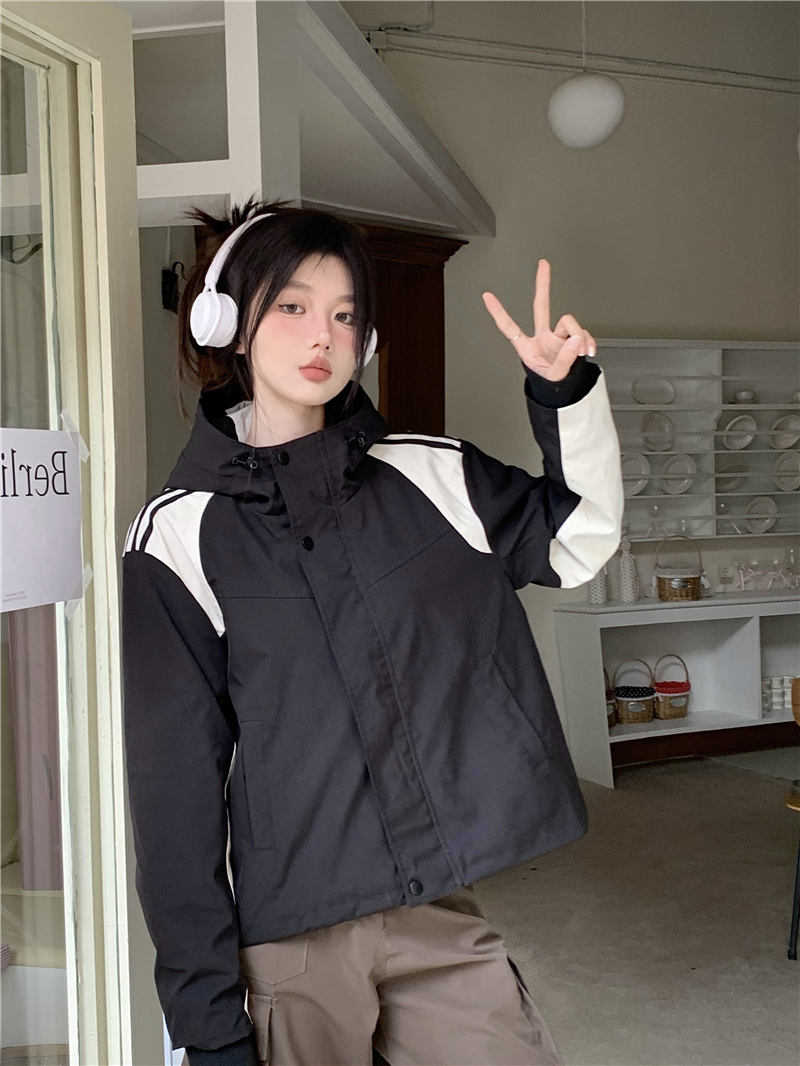 Real Shot 2024 Loose Stand Collar Jacket Women's Casual Color Matching Design Slim Spring Autumn Long Sleeve Jacket