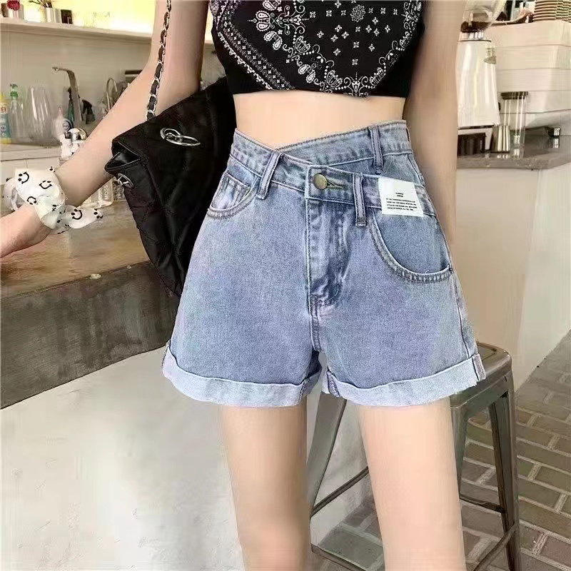 美式韓版不規則高腰a字牛仔短褲女春夏新款寬鬆顯瘦闊腿牛仔熱褲
