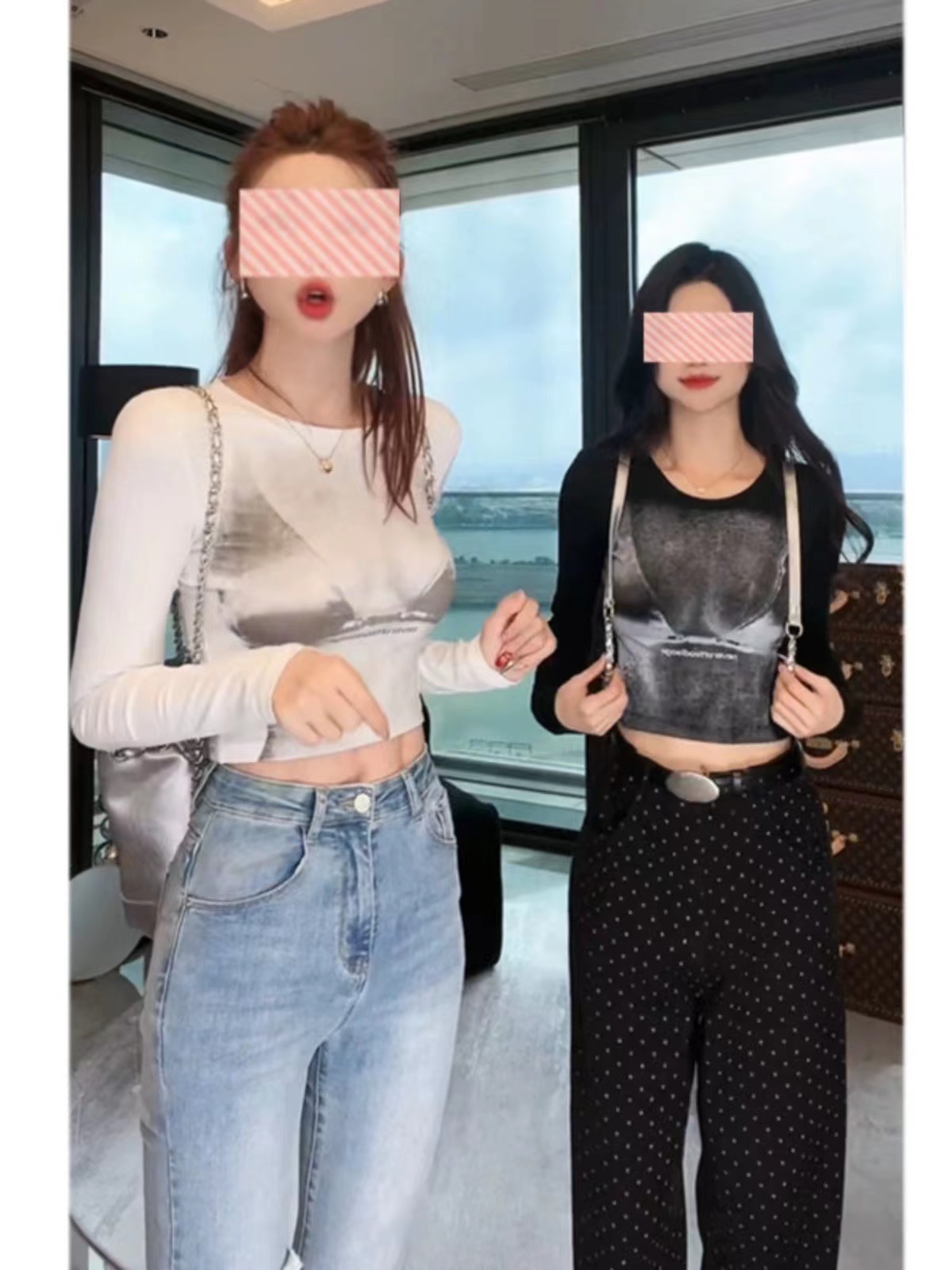 This year's popular retro printed sweet girl long-sleeved T-shirt women's new design niche short top