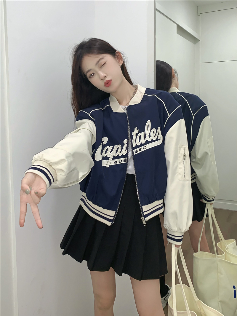 Real shot 2024 spring fashionable letter embroidery stitching baseball uniform loose stand-up collar jacket for women