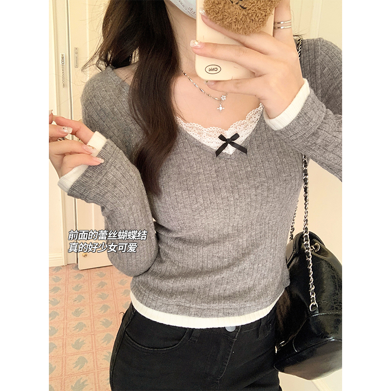 Real shot of fake two-piece halterneck lace splicing T-shirt for women in early autumn French slim and chic bottoming shirt top