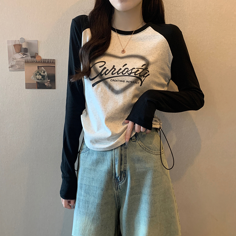 實拍 2024春季韓版寬鬆螺紋抓毛圓領插肩袖印花大碼長袖T恤女