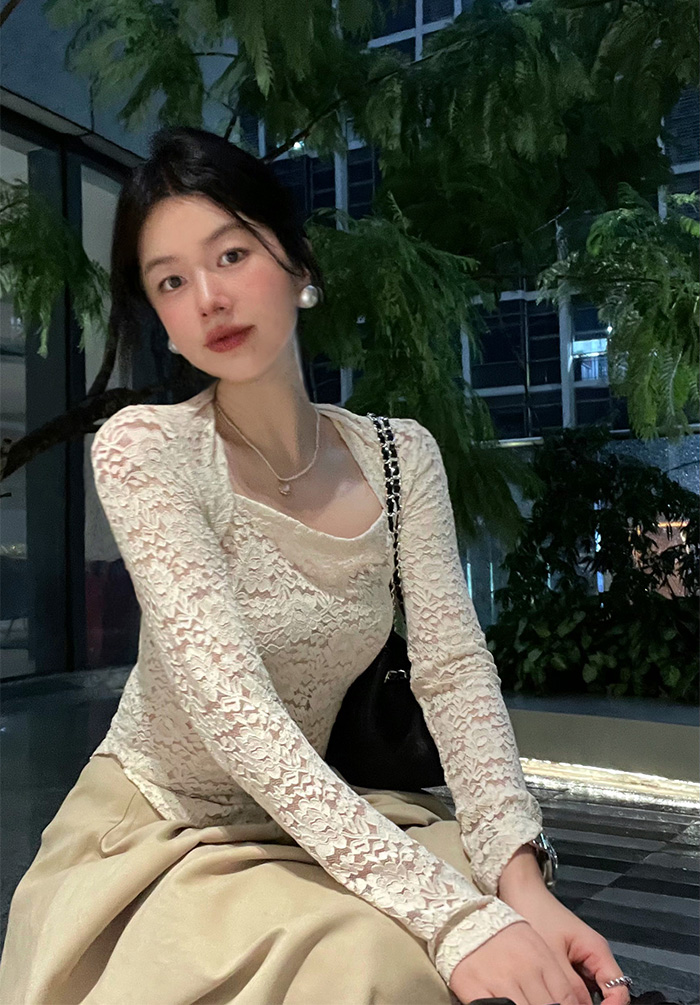 實拍法式chic方領蕾絲花朵長袖上衣打底衫