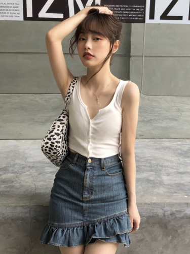 Actual shot recommended summer vest Korean style v-neck single-breasted solid color sleeveless slim bottoming top