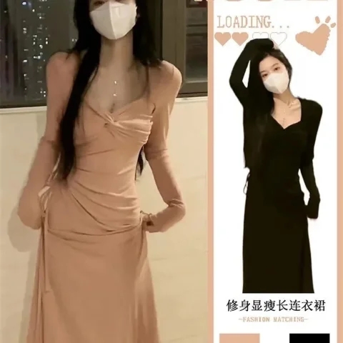 2024 early spring new French dress for women, autumn and winter waist-cinching Hepburn style tea-style chic long skirt