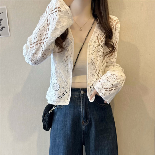 Actual shot~New crochet versatile knitted cardigan short top jacket