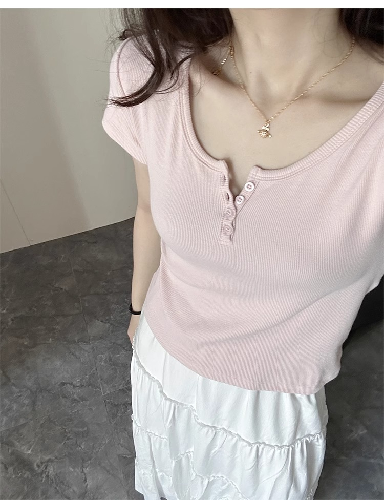官圖純棉 夏裝短袖T恤女修身短款