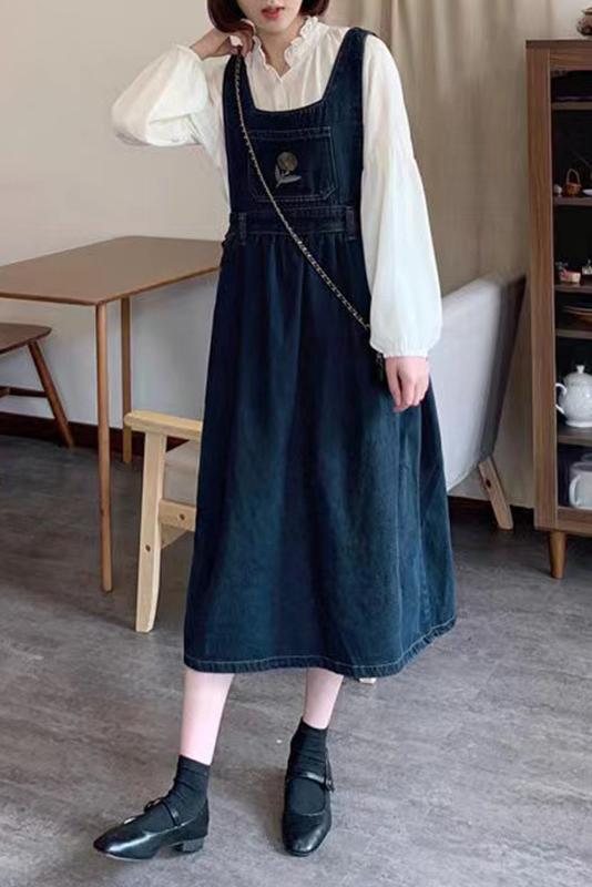 夏裝新款復古減齡牛仔背帶裙大碼可愛刺繡吊帶連衣裙S-5XL200斤