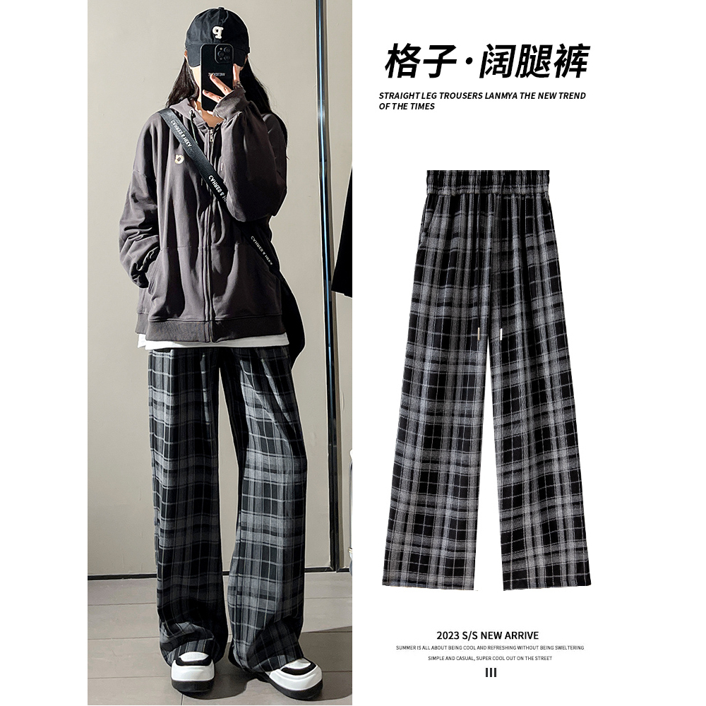 磨毛原布料復古鬆緊高腰闊腿褲女新款春秋寬鬆直筒休閒褲格子褲