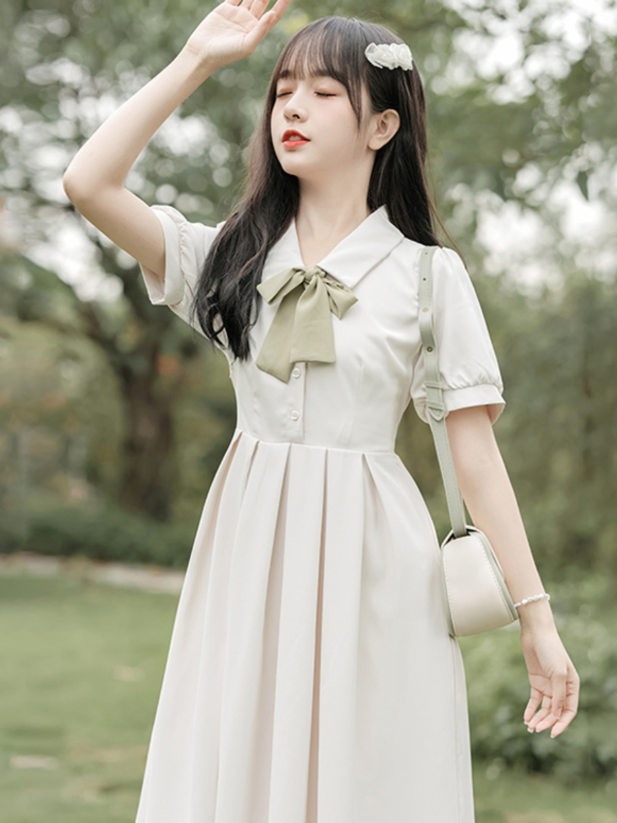 2024夏季新款POLO領收腰小個子短袖連衣裙女蝴蝶結教資面試中長裙