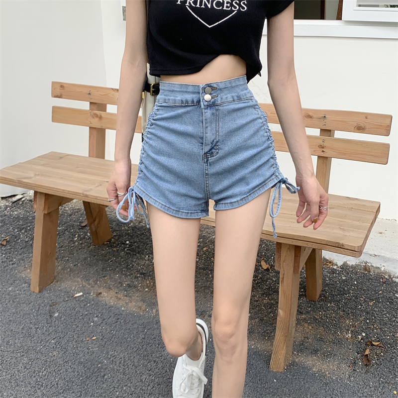 韓版時尚抽繩直筒牛仔短褲女春夏休閒雙排扣顯瘦高腰a字牛仔短褲