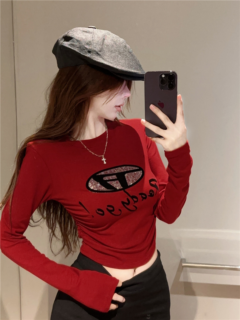 Real shot ~ 2024 new American retro printed long-sleeved hot girl short shirt bottoming T-shirt top for women
