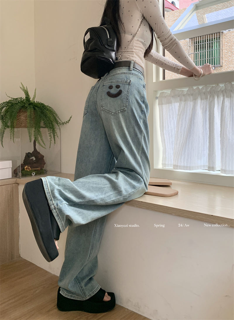 實拍 春季新款設計感高腰直筒寬鬆百搭長牛仔褲女