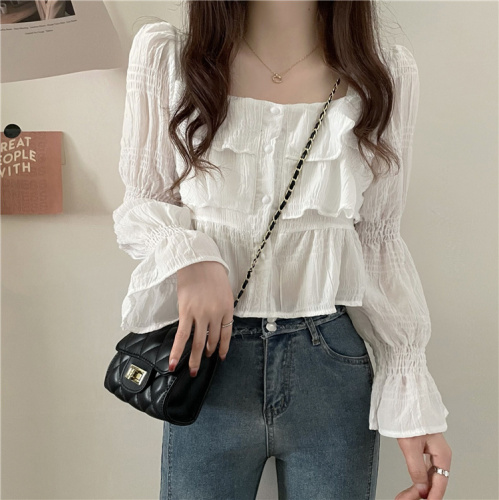 Actual shot ~ Spring and summer new style French square collar chiffon shirt, sweet trumpet sleeve temperament shirt top