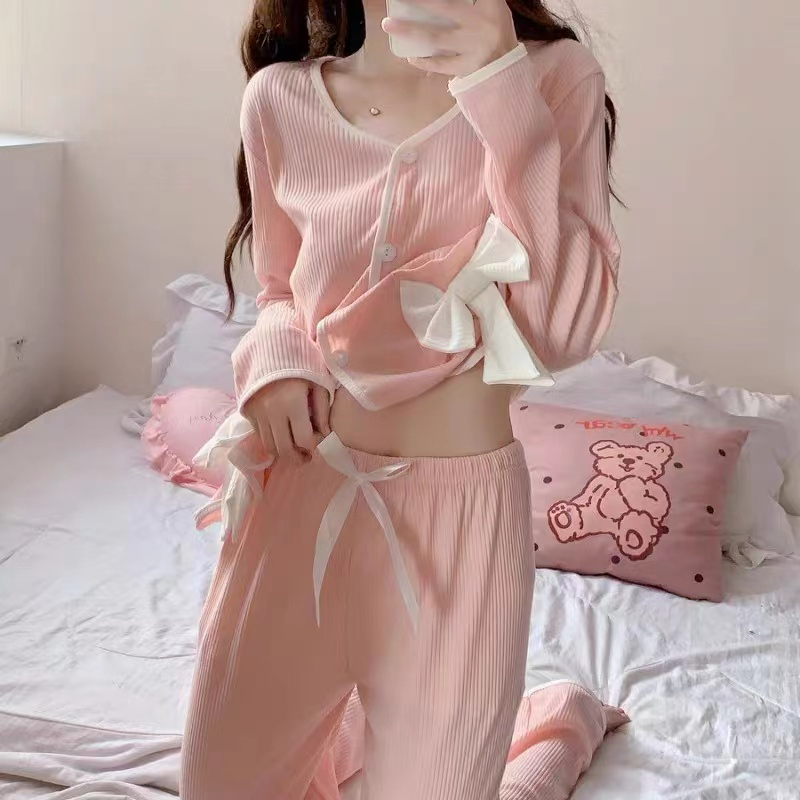 Internet celebrity pajamas for women in spring and autumn long-sleeved trousers imitation cotton ins style beautiful bow home wear set