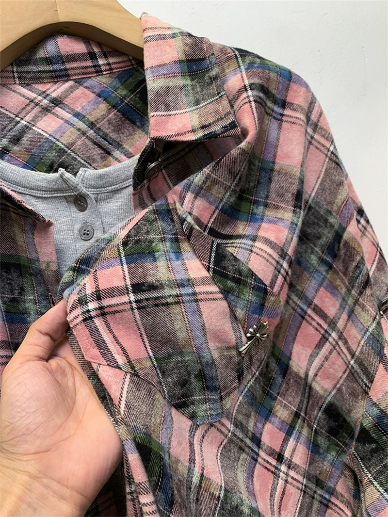 美式復古粉色格子襯衫外套女款春秋秋季新款扎染襯衣秋裝上衣
