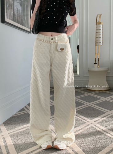 Actual shot of spring washed loose diamond-shaped crocheted denim wide-leg straight floor-length trousers