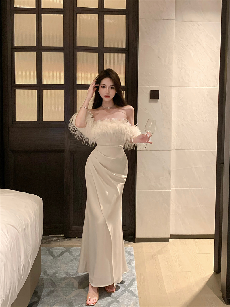 實拍 浮生舞會 白色一字肩連衣裙女秋顯身材裙