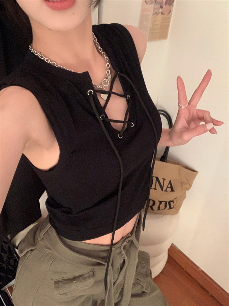 實拍  美式復古性感辣妹短款綁帶T恤背心3色