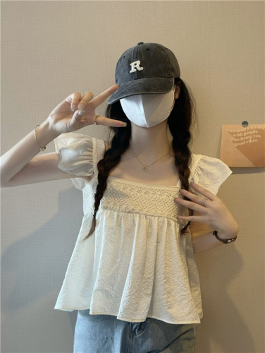 Actual shot ~ New style design stitching small flying sleeve baby doll shirt tops for women