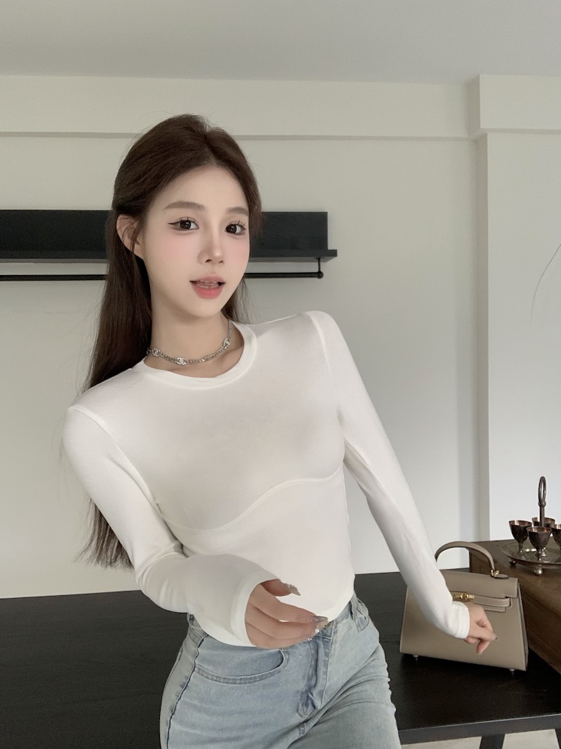 Real shot Designed round neck slimming bottoming shirt T-shirt