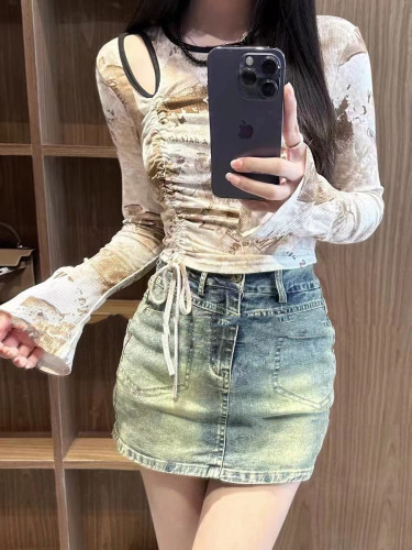 Spring and Autumn super popular short jazz top European and American street design niche tie-dye long-sleeved drawstring T-shirt bottoming shirt