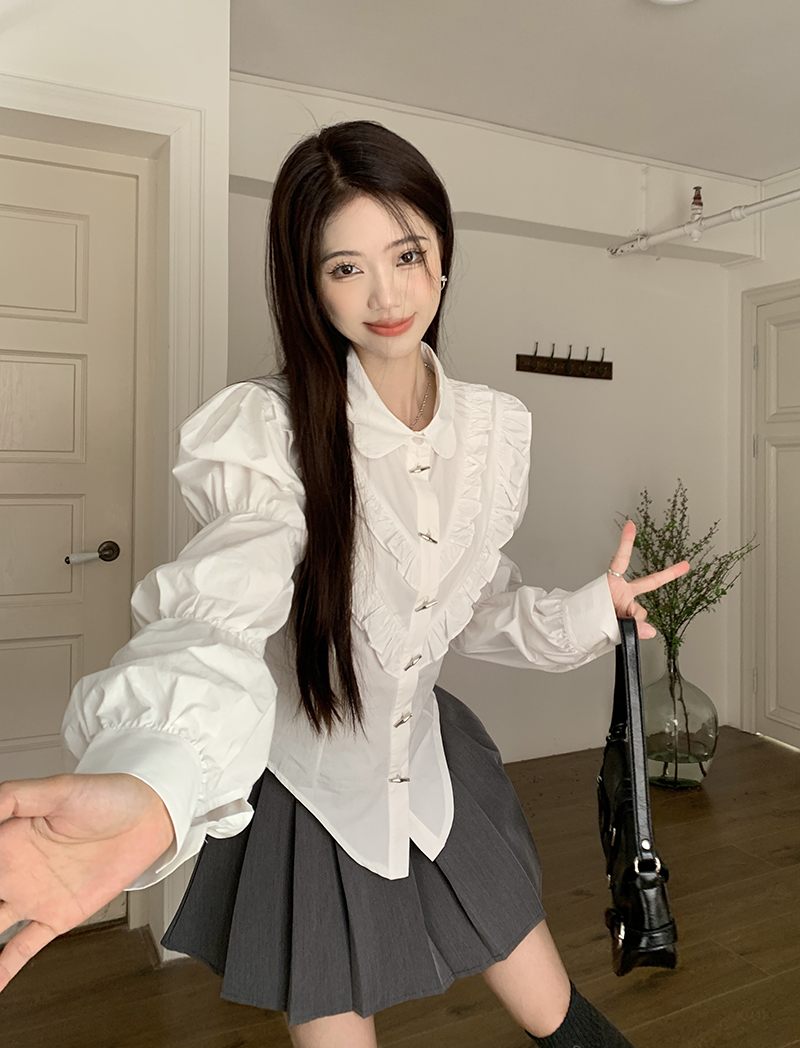 實拍  辣妹復古polo領長袖襯衫+高腰百褶半身裙兩件套