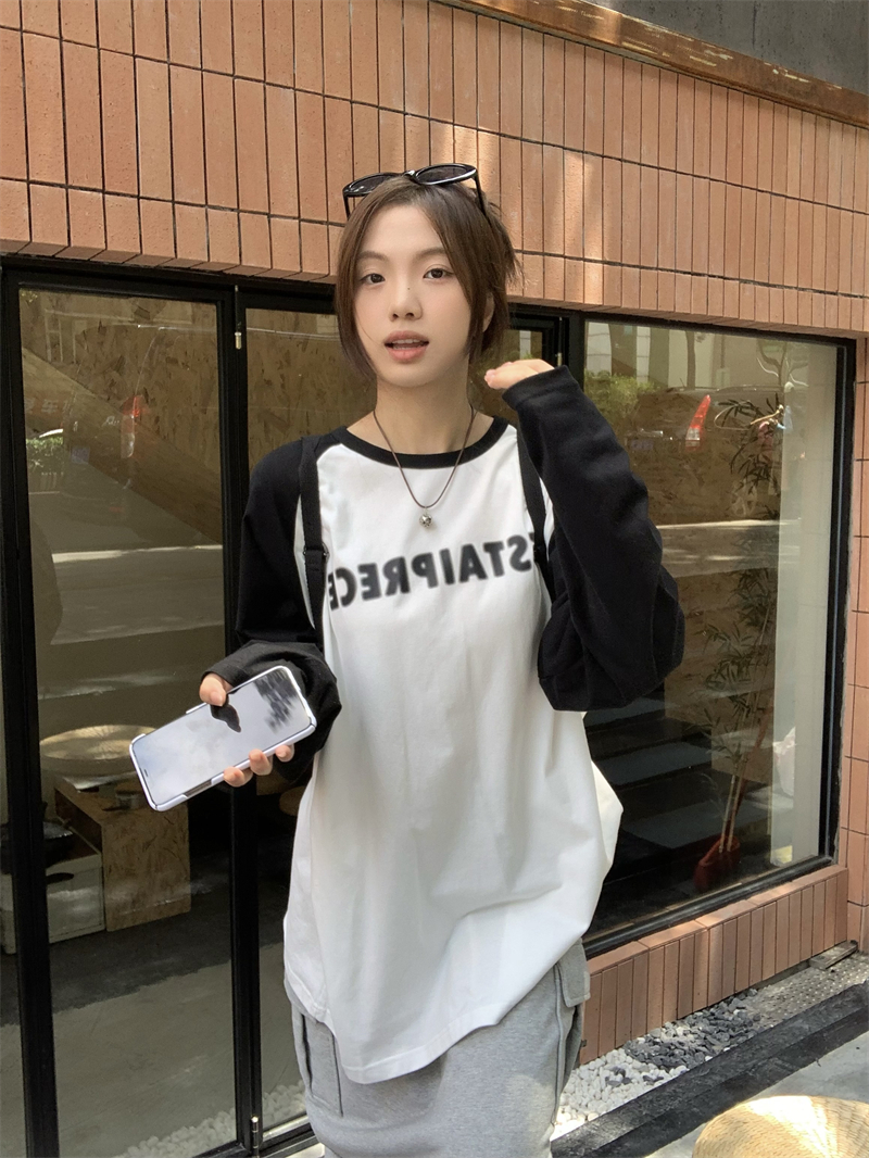 Real shot ~ American retro lettering patchwork loose raglan long sleeve T-shirt