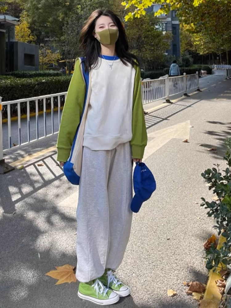 Early spring Jimo round neck sweatshirt for women spring and autumn 2024 new style small right shoulder long-sleeved top loose American thin
