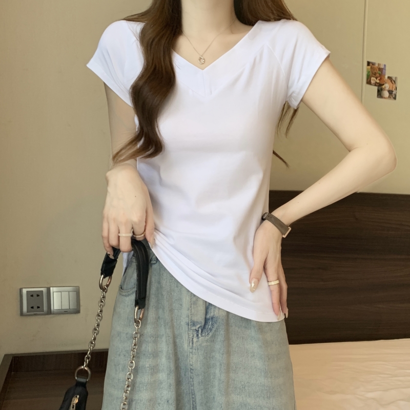 實拍  40支純棉 2024夏裝V領修身短袖T恤女彈力上衣