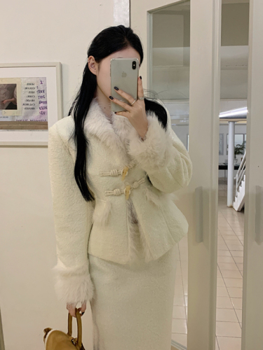 New Year's style leaving beautiful suit skirt for women white high-end small fragrance woolen coat skirt suit