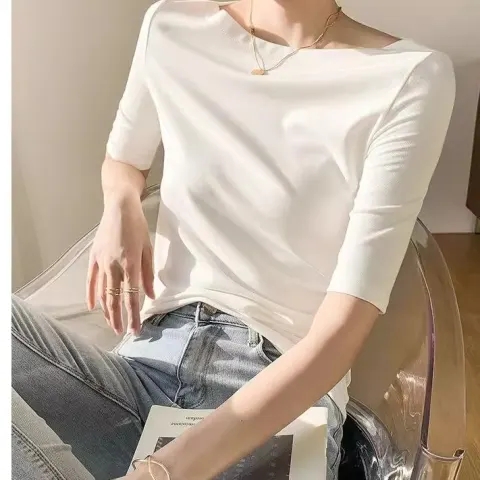 Half-sleeved bottoming shirt for women 2024 spring and summer new style elegant retro five-quarter sleeve T-shirt thin mid-sleeve one-shoulder top