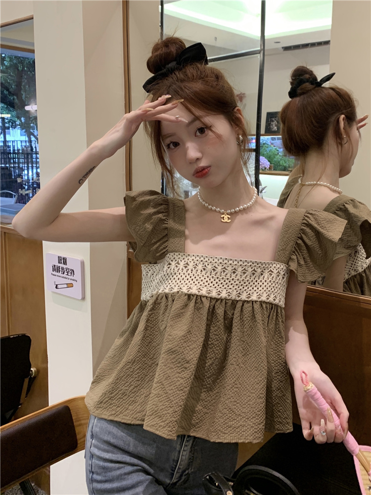 Actual shot ~ New style design stitching small flying sleeve baby doll shirt tops for women