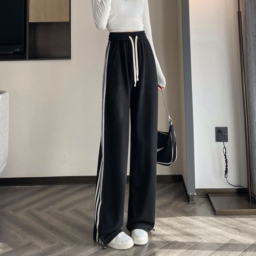 Super hot gray sports wide leg pants for women summer new loose slimming high waist drape floor-length striped sweatpants