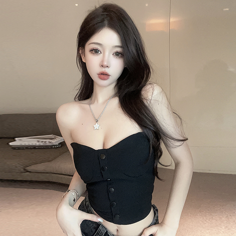 實拍~天貓質量性感裹胸上衣女收腰一字領露肩緊身顯胸背心